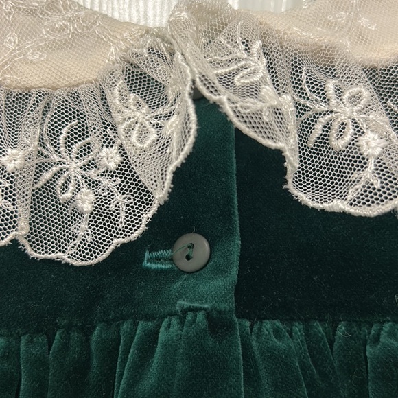 Jan Briggs VTG Christmas Dress Baby Girls Green Velvet Cream Ruffle Lace 18M - Picture 8 of 12